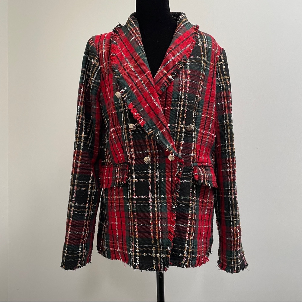 Rachel Zoe Red Tartan Plaid Tweed Blazer with Fringe | Women’s M